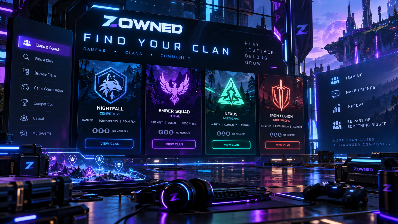 Zowned gaming clan finder featuring futuristic neon blue and purple interface with competitive, casual, and multi-game clan options.