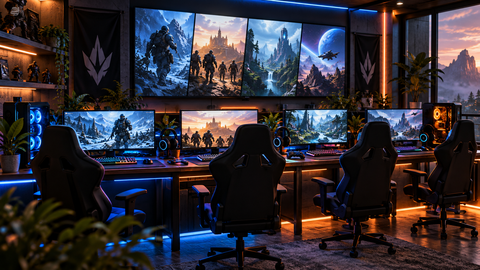 Modern multiplayer gaming clan command center with RGB gaming PCs, multiple monitors, and immersive game environments representing teamwork and online gaming communities.