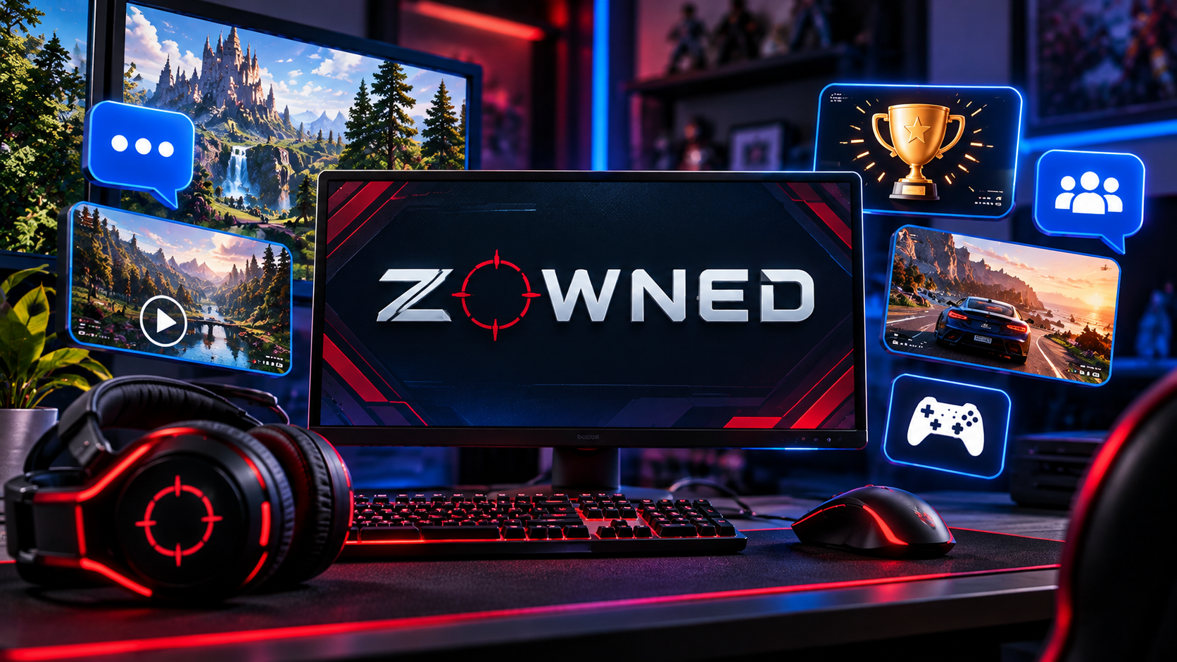 Zowned gaming social network offering an alternative to Facebook gaming groups for sharing gaming moments, achievements, and connecting with other players.