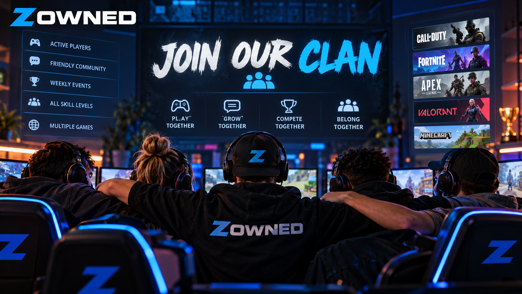 Zowned gaming clan recruitment banner featuring five gamers united at gaming stations, promoting teamwork, active communities, and multiplayer clan recruitment.