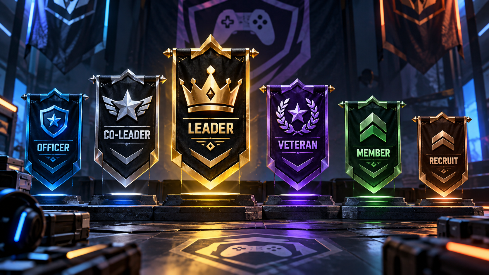Gaming clan roles and ranks displayed as futuristic banners featuring Leader, Co-Leader, Officer, Veteran, Member, and Recruit in a neon-lit gaming arena.