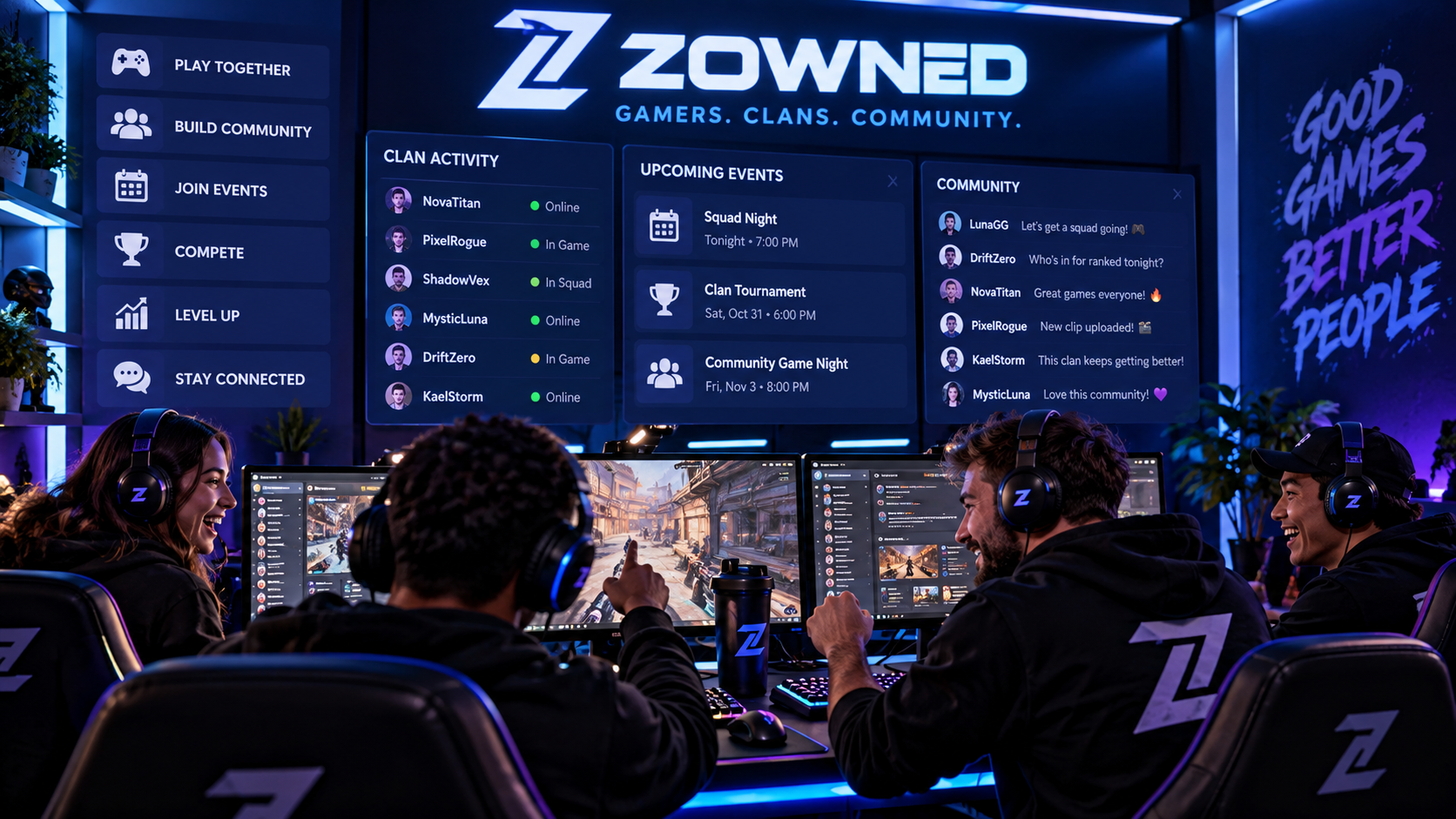 Zowned gaming clan members playing together in a neon-lit esports room with community activity, upcoming events, and clan chat dashboards.