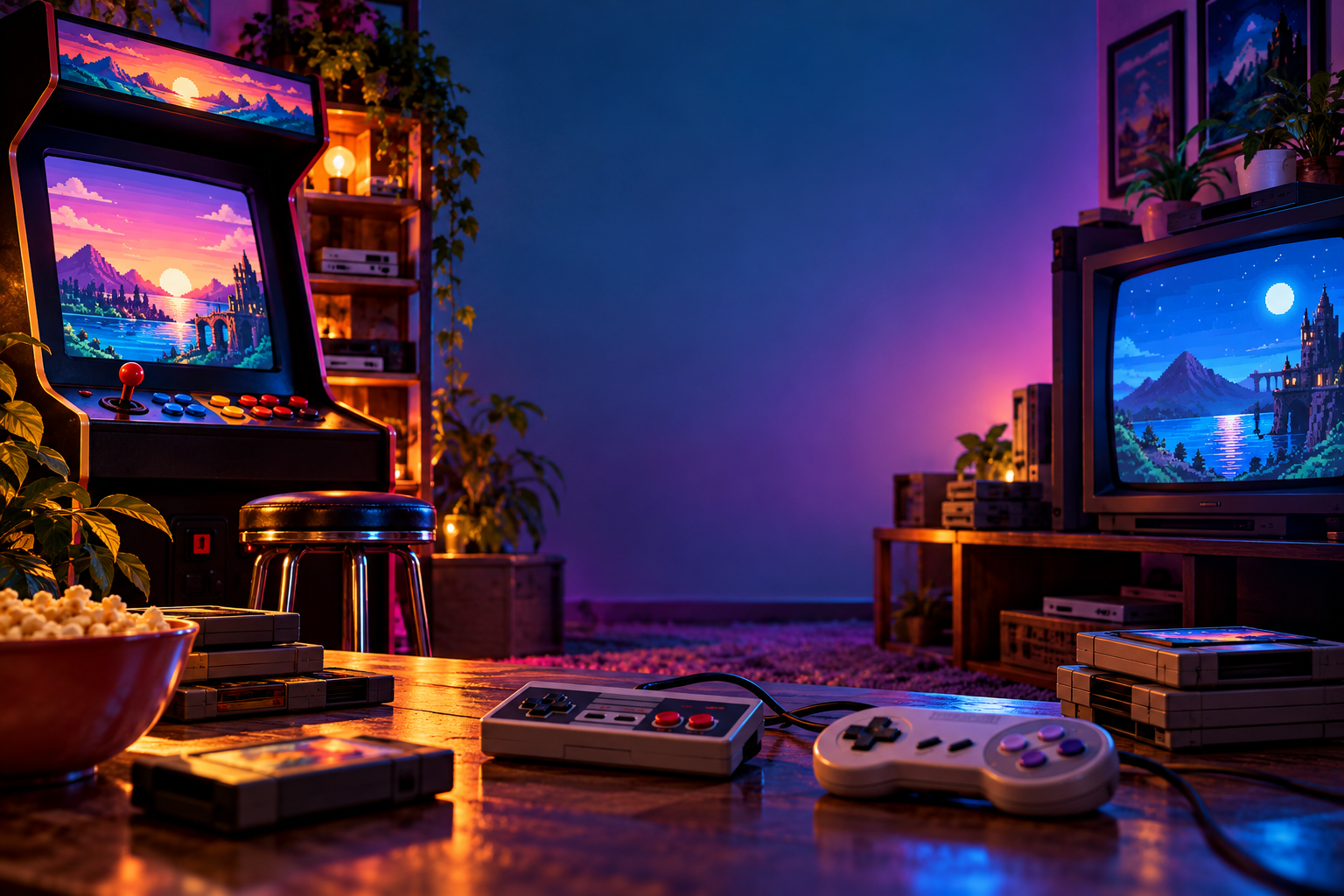 Nostalgic retro gaming room with classic arcade cabinet, vintage television, game cartridges, and controllers celebrating classic video game memories.