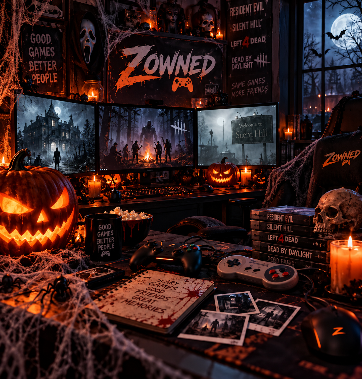 Spooky Halloween gaming room featuring glowing jack-o'-lanterns, horror games on three monitors, retro controllers, cobwebs, candlelight, and the Zowned logo.