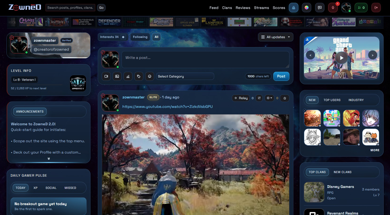 Zowned feed, profile, chat, and progression interface preview